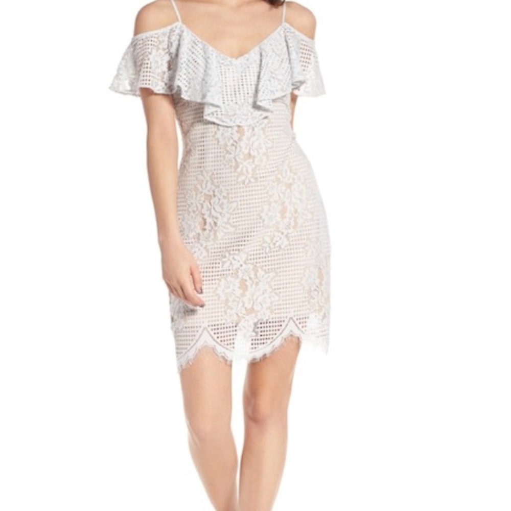 Blue lace dress with beige underlay